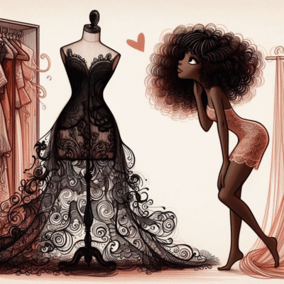 ai generated, lace, dress, whimsical, mannequin, dress form, slip, abstract, cute, curly hair, fashion, model, black dress