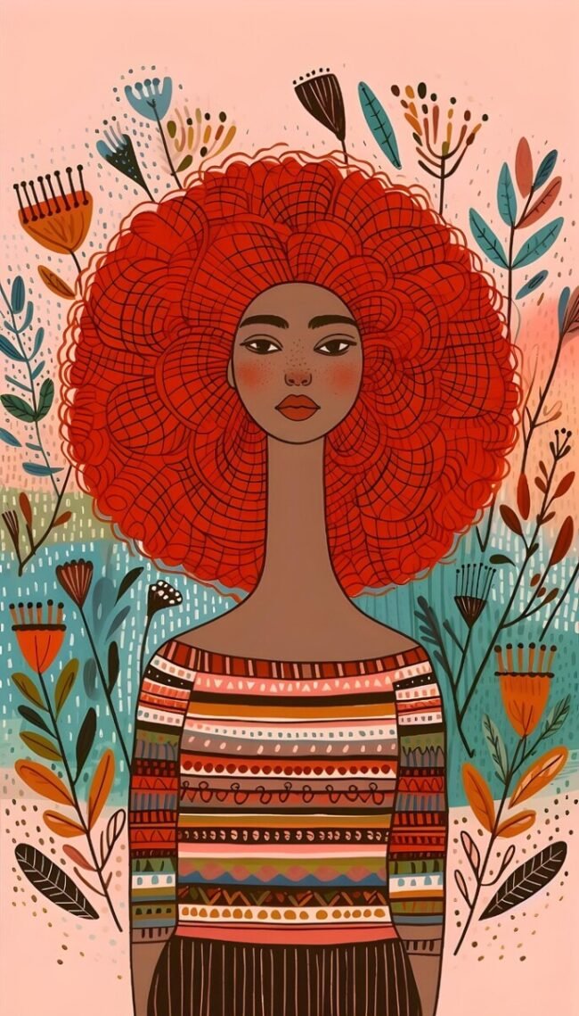 ai generated, woman, redhead, auburn, ginger, boho, blush, whimsical, african american