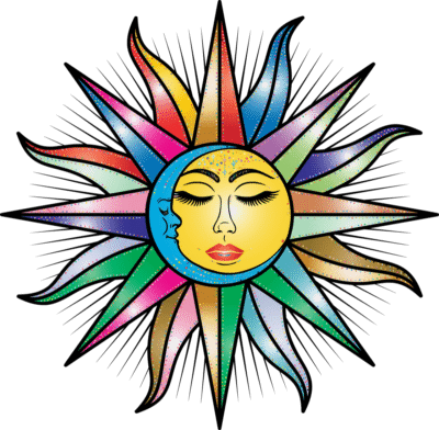 sun, moon, nature, face, anthropomorphic, solar, lunar, light, decorative, ornamental, decoration, line art, colorful, prismatic, chromatic, rainbow