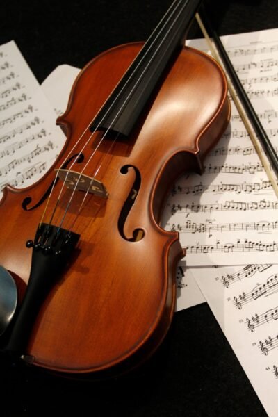 a violin sitting on top of sheet music