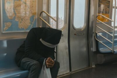 A lone passenger sitting in a New York City subway train, evokes feelings of solitude and reflection.