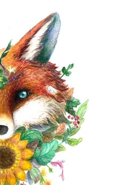 a drawing of a fox with a flower in its mouth